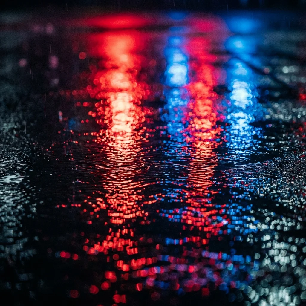 Illustrative red and blue emergency-light reflections on wet pavement
