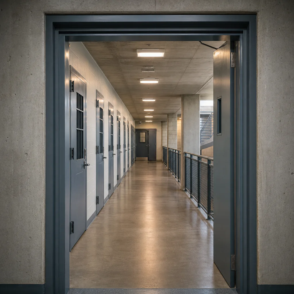 Representative empty detention corridor with closed cell doors