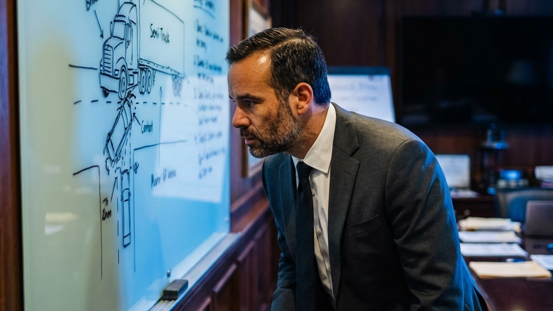 Attorney Jason Hicks analyzing semi-truck accident reconstruction schematic